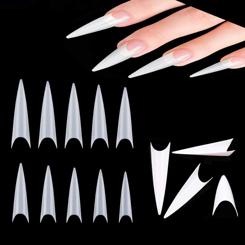 AM RONG MAGIC Long Stiletto Natural Nail Tips - Acrylic Half Cover Pointed Fake Nails, Long Claw False Artificial Tips 600pcs 10 Sizes With Box - Image 1